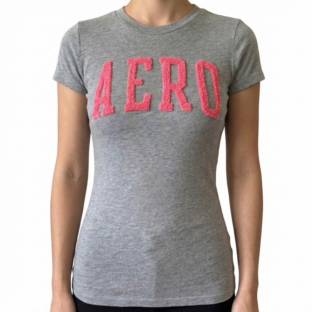 Aeropostale Y2K-Inspired Graphic Tee Grey Marled Pink Textured AERO Logo Sz XS